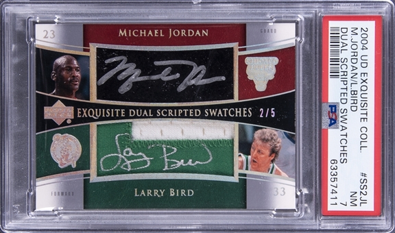2004-05 UD "Exquisite Collection" Dual Scripted Swatches #SS2JL Michael Jordan/Larry Bird Dual Signed Game Used Patch Card (#2/5) – PSA NM 7